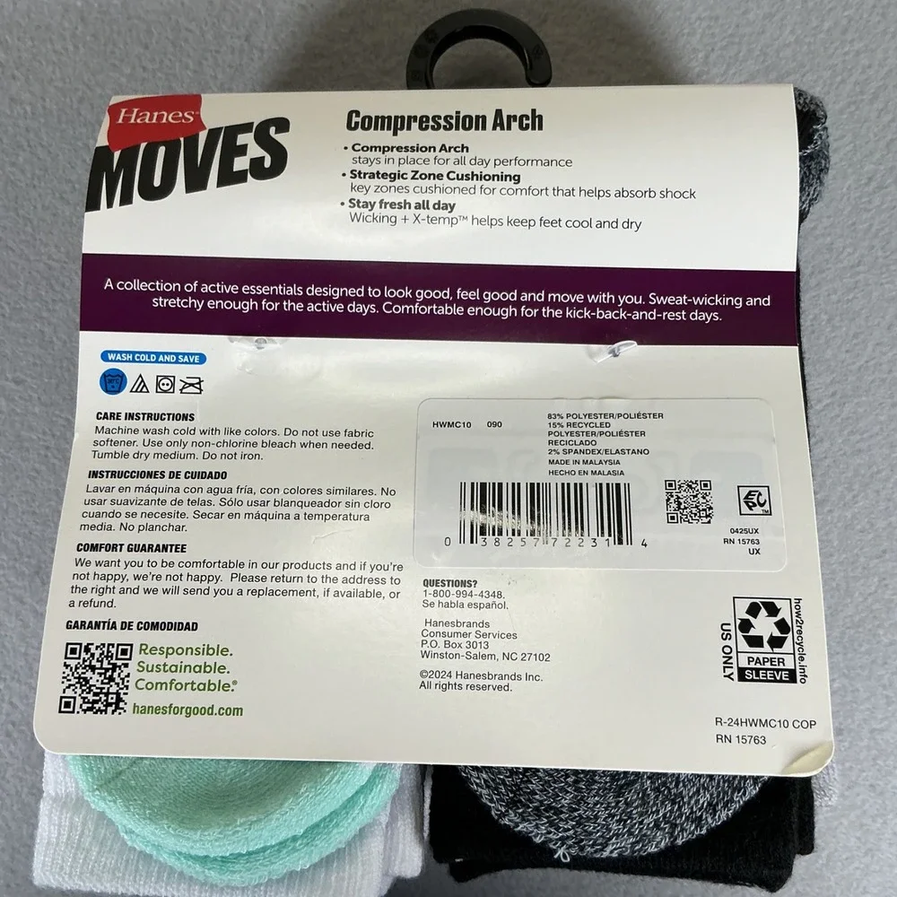 Hanes Moves‎ Womens Crew Socks 10 Pair Compression Arch X-Temp Cooling 5-9